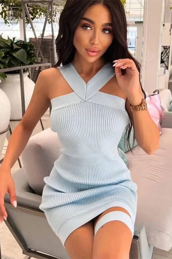 Off-Shoulder Halter Knit Mini Dress