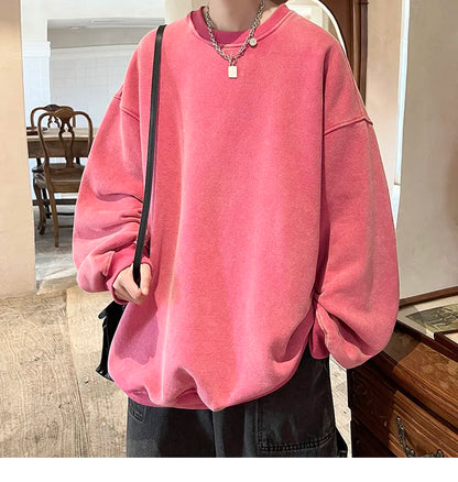 American Washed Old Pullovers Sweatshirts Loose Solid Color Large Size Warm O Neck Tops Hip Hop Y2k Sweatshirt