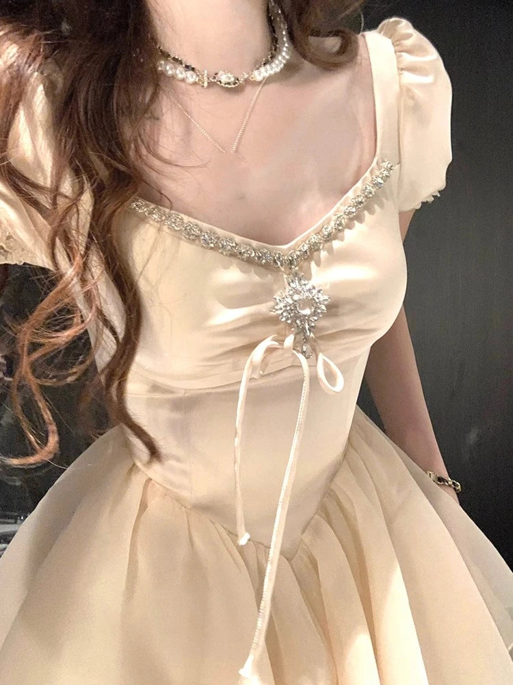 Elegant Vintage Princess Birthday Party Mini Dresses for Women Diamons Ball Gown A-line Korean Luxury One Piece Vestido Mujer