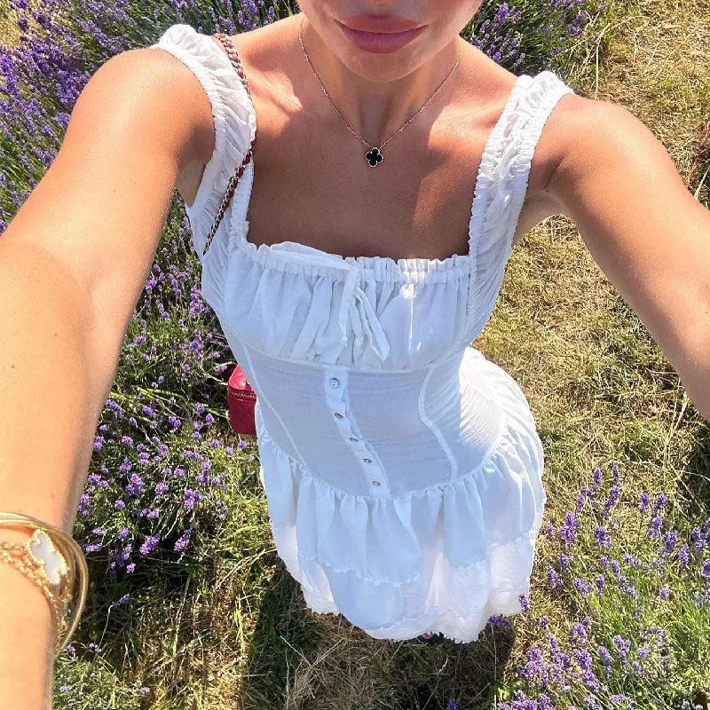 Voguable Elegant Square-Neck White Dress Slim Lace Up Sleeveless Dress Y2K Korean Buttons Beachwear Party Vestido New