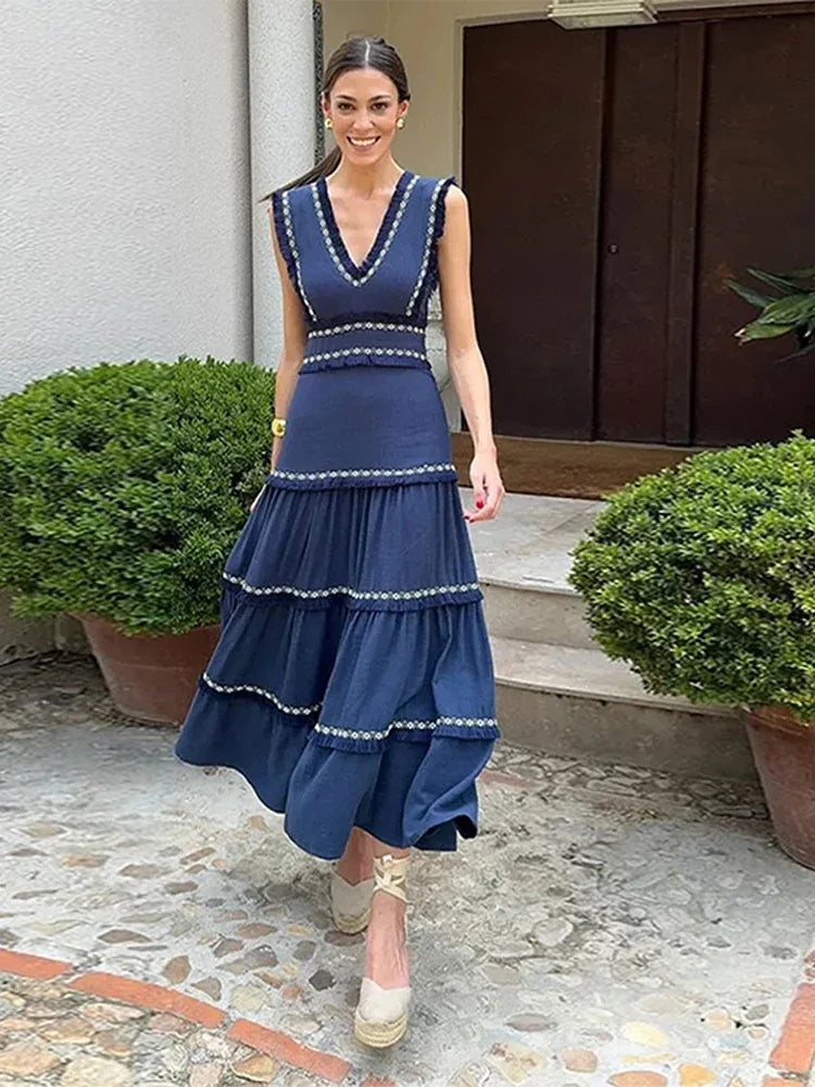 Chic Elegant Tassel Spliced Print Ruffles Long Dress Women Fashion V Neck Sleeveless A-line Robe  Chic Lady Holiday Robe