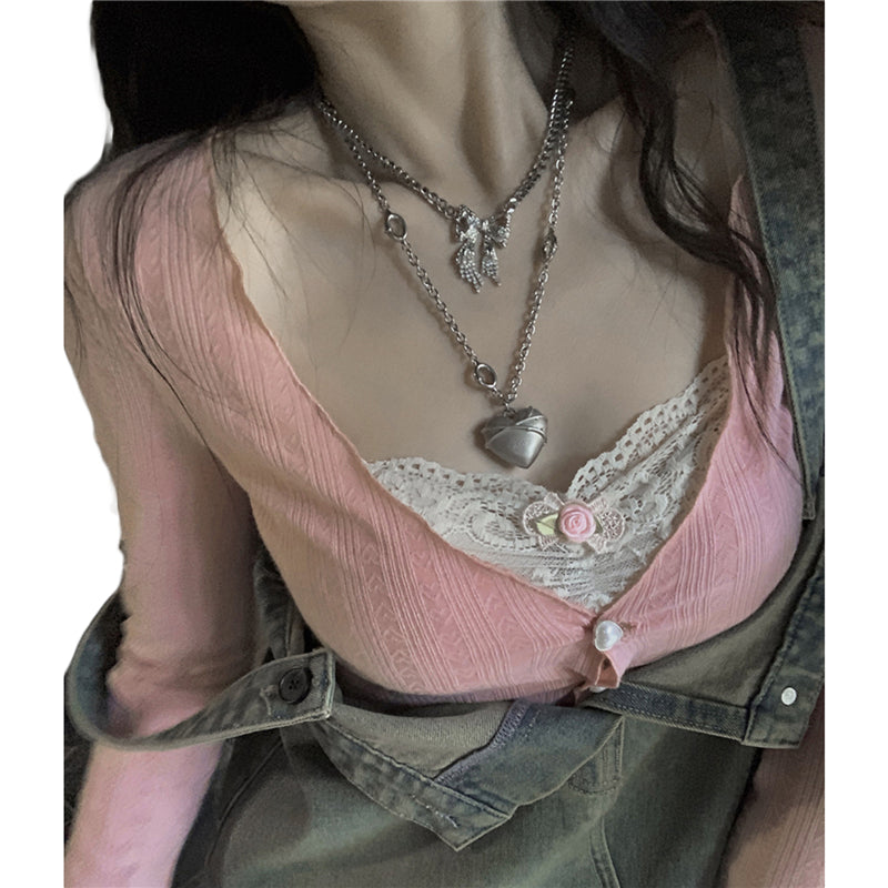 y2k Crop Top Sweet Aesthetic Clothes Lace Patchwork Long Sleeve T Shirt with Bow Decor 2000s Clothing Streetwear