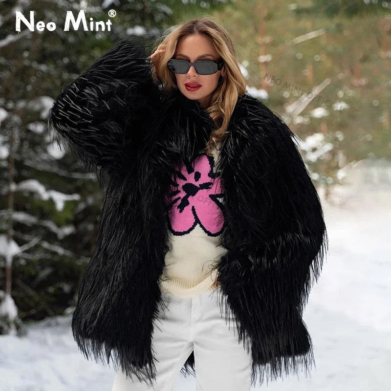 Winter Furry Faux Fur Coat Long Women Luxury Brand Tassels Fluffy Fur Jacket Female Streetwear Super Warm Overcoat