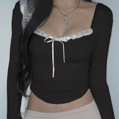 Voguable  Y2K Lace Ribbons Lace-up Bow Cropped Top Pink Cute Casual Basic Irregular Knitted Tops Coquette Aesthetic Slim-fit Tees