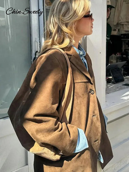 Women Suede Jackets Loose Lapel Single Breasted Long Sleeves Pockets Blazer Coats Female  Autumn Fashion New in Outwear