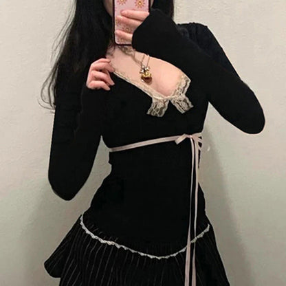 Contrast Lace Bow Cropped Top Sweet Coquette Square Collar T Shirts Black Casual Full Sleeve Tee y2k Aesthetic Lady