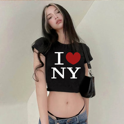 Y2K Summer New Round Neck Short sleeved Letter Printed Open Navel European and American Women’s Top T-shirt