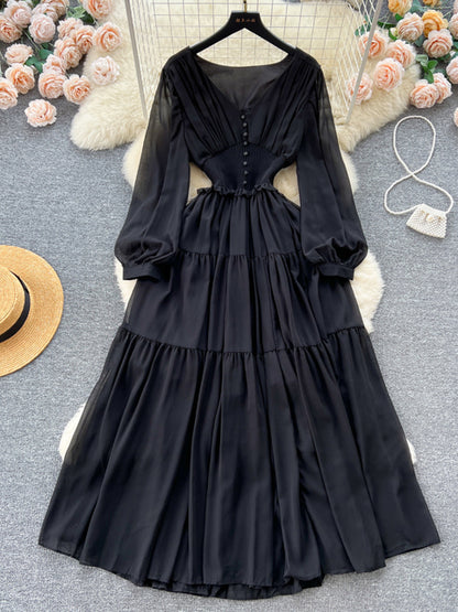 Vintage Chiffon Long Dress Women Elegant V-neck Long Sleeved Casual Dresses French Pleated Slim A-line Long Robe Vestidos