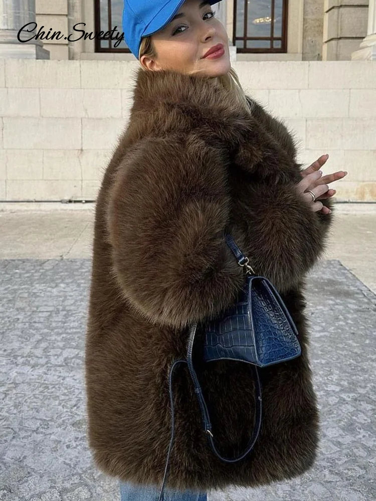 Luxury Brown Faux Fur Coats Women Fashion Full Sleeve Lapel Long Warm Jacket  Winter Fluffy Thick High Street Outerwear New