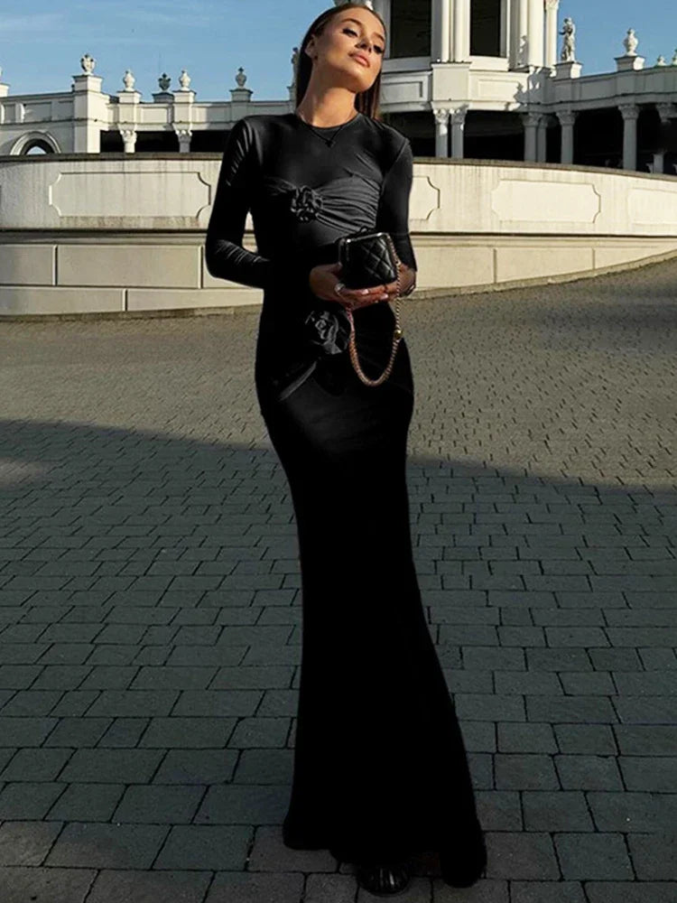Sexy Slim Ruched Flower Maxi Dress For Women Long Sleeve Solid Party Streetwear Outfits Elegant High Elasticity Dresses