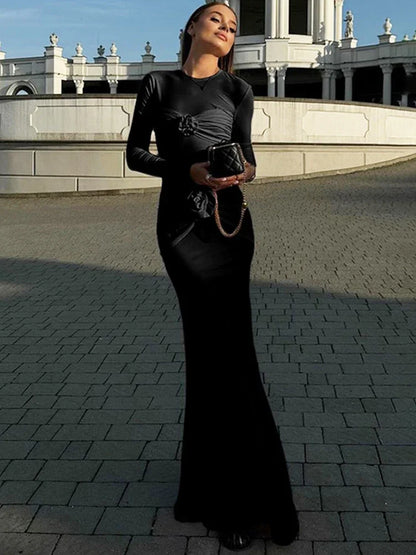 Sexy Slim Ruched Flower Maxi Dress For Women Long Sleeve Solid Party Streetwear Outfits Elegant High Elasticity Dresses