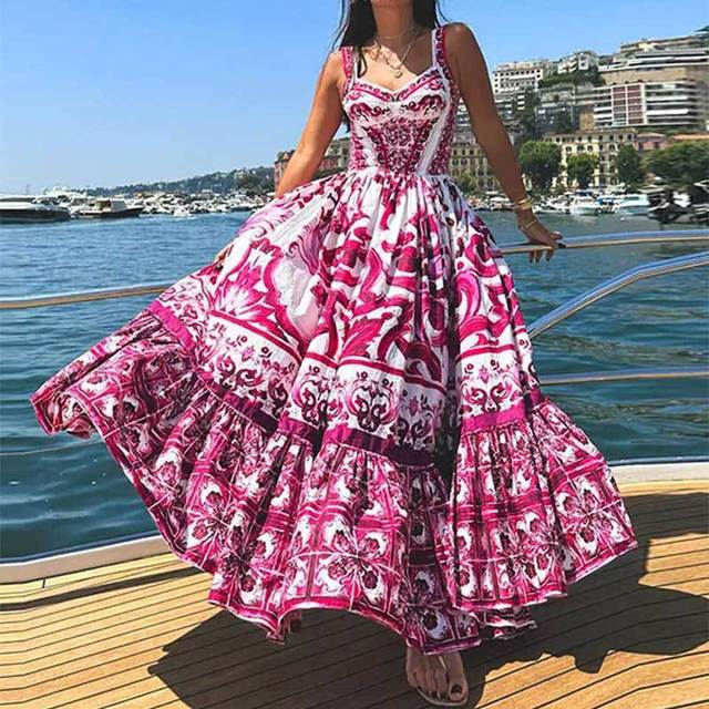 Color Printed Sexy Backless Spaghetti Strap Long Dress Fashion Sleeveless Vacation Beach Dresses For Women Chic Female Vestidos