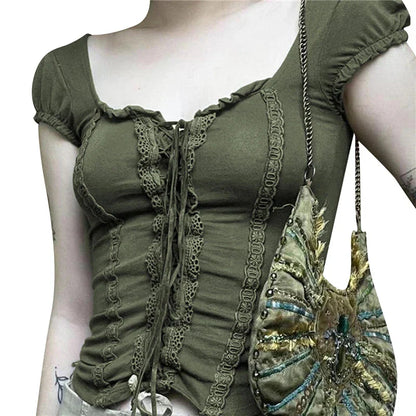 y2k Tops Coquette Clothing Lace Trim Tie Front V Neck Short Sleeve T Shirts 2000s Grunge Clothes Streetwear