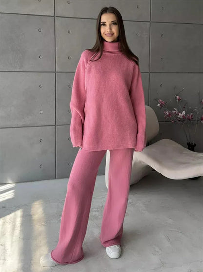 Knit Zipper Women&#8217;s Pants Sets For Women Slim Lapel Long Sleeve Pullover And Patchwork Straight Legg 2 Piece-Set Winter