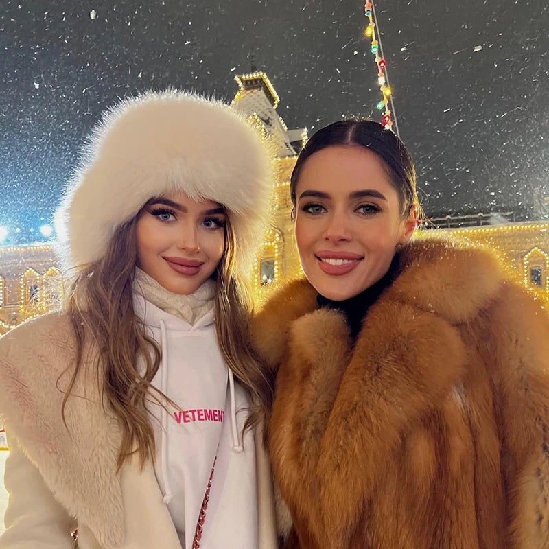 Winter Women Fluffy Furry Faux Fox Fur Bomber Hats Flaps Luxury Vintage Y2k Girls Warm Earflap Snow Ski Hat Caps Russian