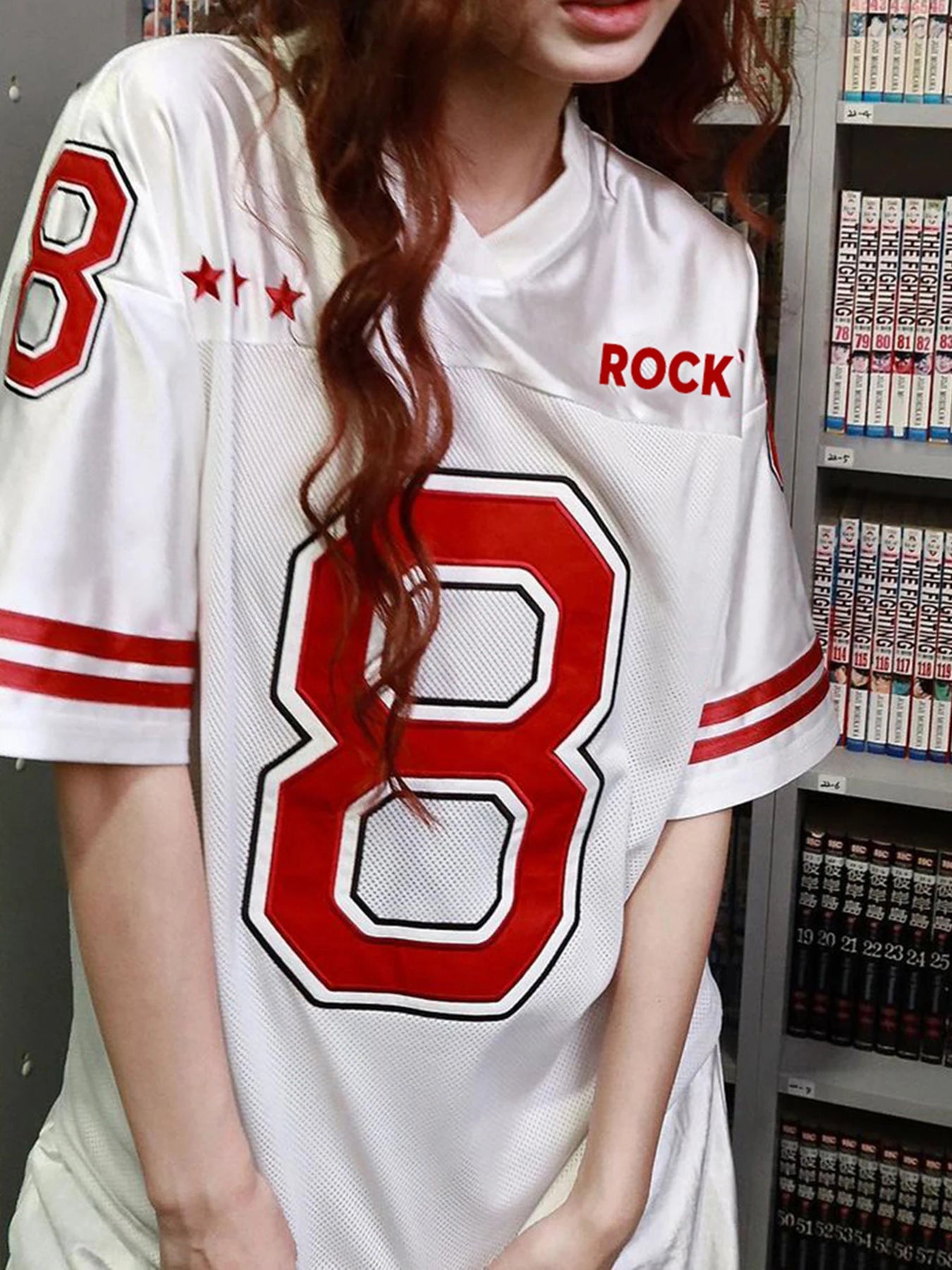 Figure Print Green Short Sleeve Casual Loose Football Jersey T Shirt Women Contrast Patchwork V Neck Stripe Red Summer Long Tees