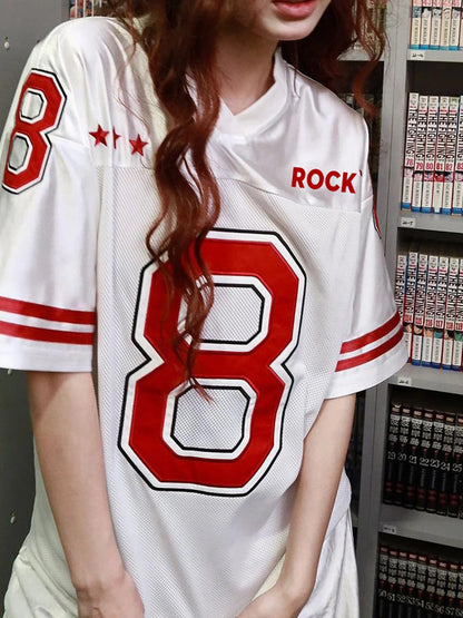 Figure Print Green Short Sleeve Casual Loose Football Jersey T Shirt Women Contrast Patchwork V Neck Stripe Red Summer Long Tees