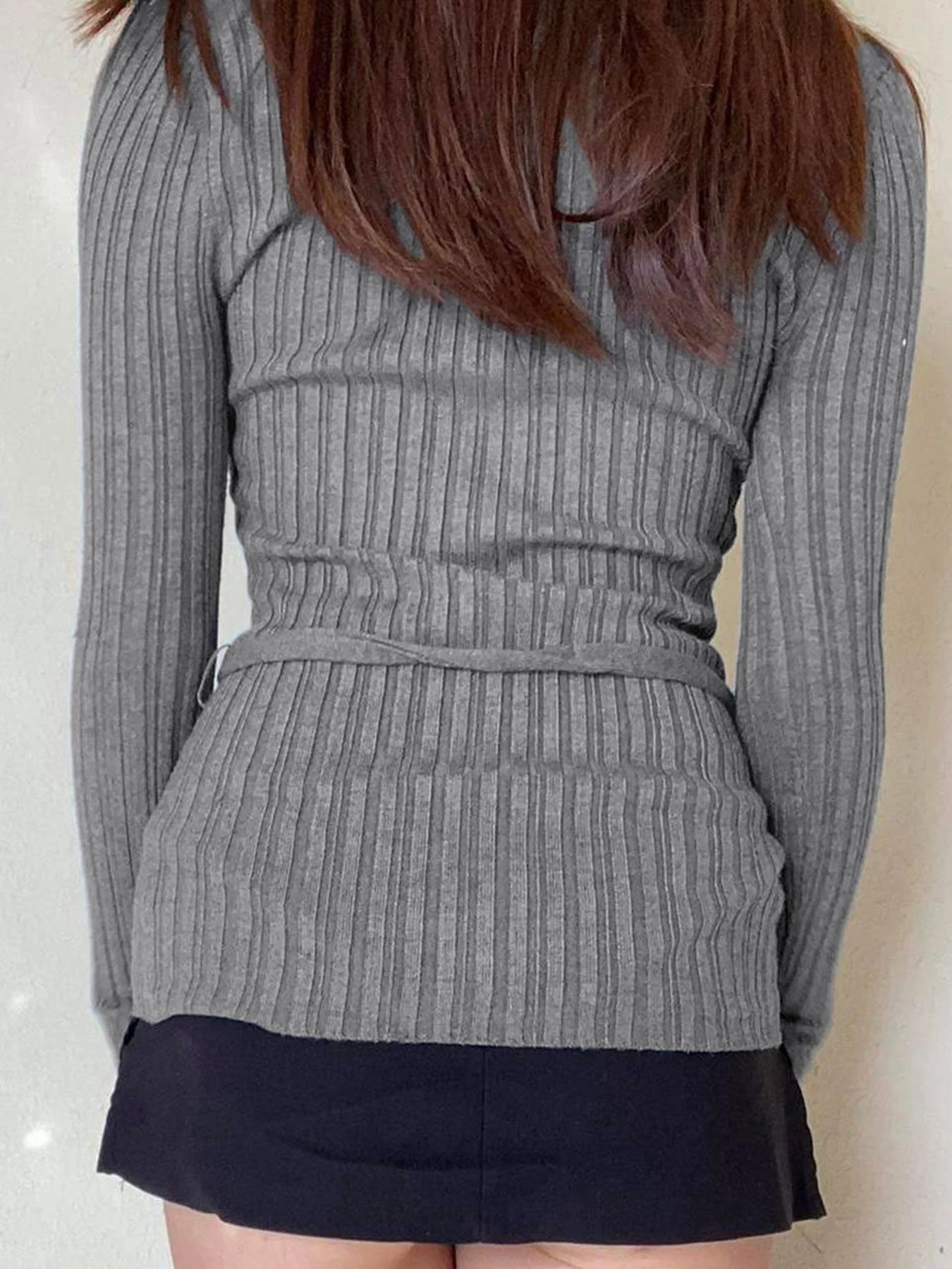 Gray Ribbed Slim Basic Long Sleeve Tee With Belts Contrast Patchwork Turn Down Collar Pullover Top T Shirt Women Autumn Winter