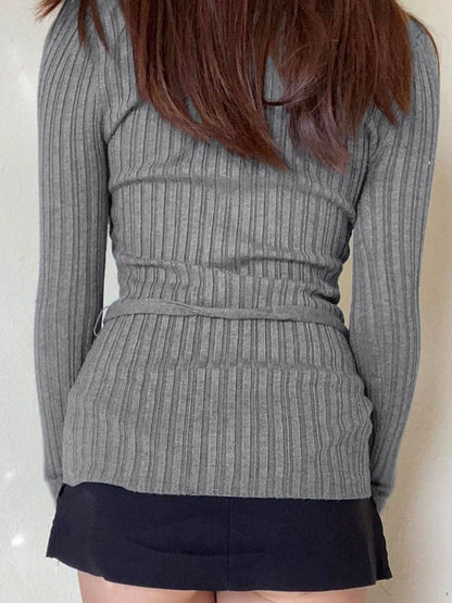 Gray Ribbed Slim Basic Long Sleeve Tee With Belts Contrast Patchwork Turn Down Collar Pullover Top T Shirt Women Autumn Winter