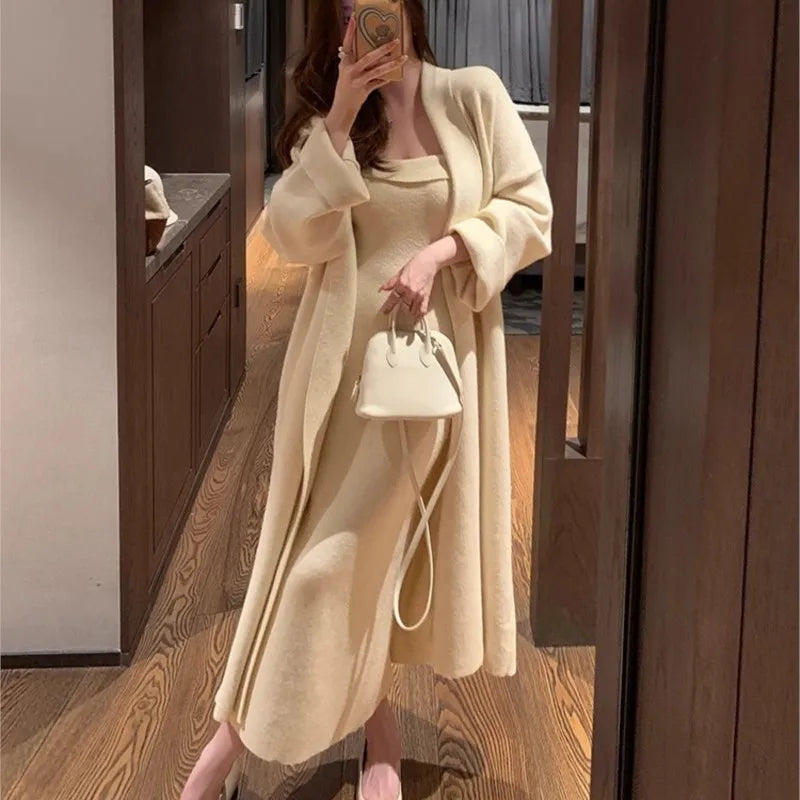 Autumn Winter Warm Knitted 2-piece Dress Set Women Soft Long Cardigan Strapless Bodycon Split Midi Dress Vintage Chic Outfits