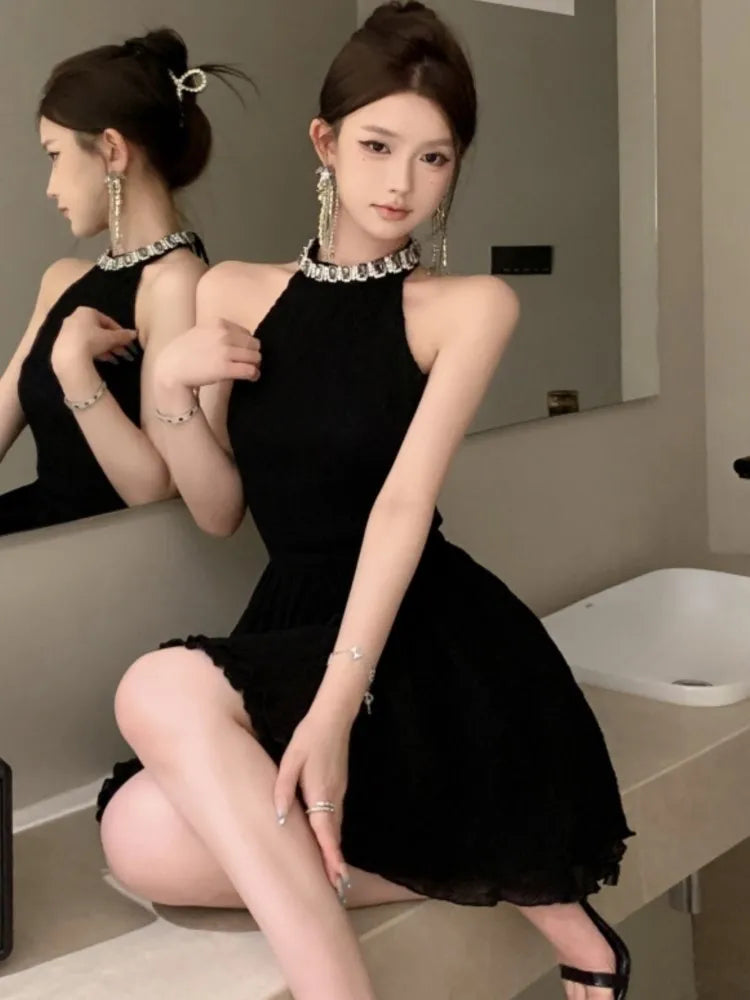 Elegant Halter Black Dresses for Women Summer New Backless Ruffles A-line Korean Birthday Party Dress Prom Short Vestidos Mujer