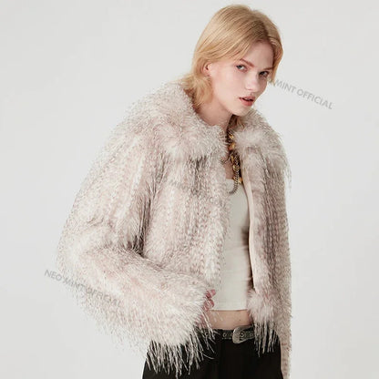 Exclusive Designer  Winter Gradient Faux Peacock Fur Coat Women Furry Tassels Fur Jackets Chic Y3k Girls Outerwears