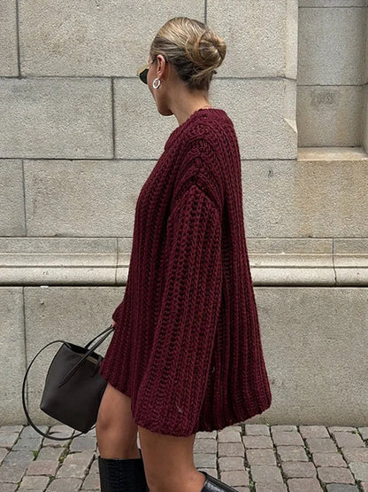 Casual Knitted Solid Mid Long Sweaters Women Loose O-neck Long Sleeve Dark Red Pullover Sweaters Female Autumn Chic Street Tops