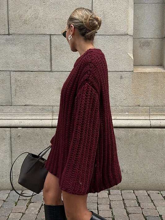 Casual Knitted Solid Mid Long Sweaters Women Loose O-neck Long Sleeve Dark Red Pullover Sweaters Female Autumn Chic Street Tops