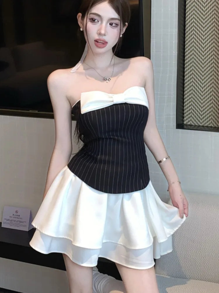 Sexy Striped Patchwork Short Dresses for Women Strapless Layered Ruffles A-line Bow Birthday Party Dress Korean Fashion Vestido