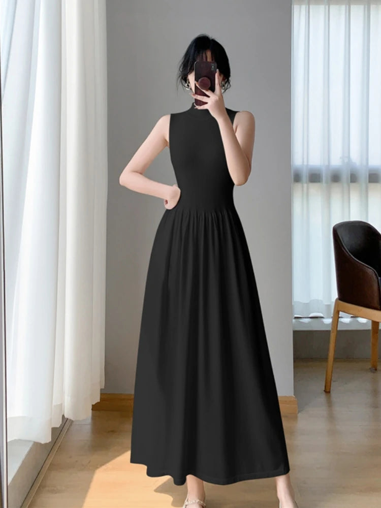 Spring Summer New Casual Elegant Sleeveless Knitted Midi Dress Slim Elegant Ladies Robe