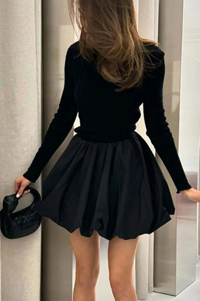 O-Neck Long Sleeved Mini Dress with High Waist