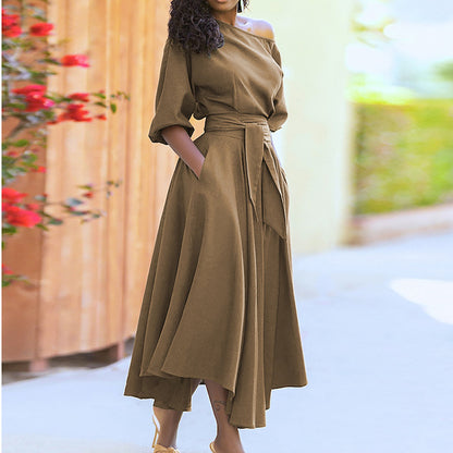 Temperament Simple Style Solid Color Dresses Women Fashion Half Sleeves Slant Collar Leace-up Irregular Dress Female New Vestido
