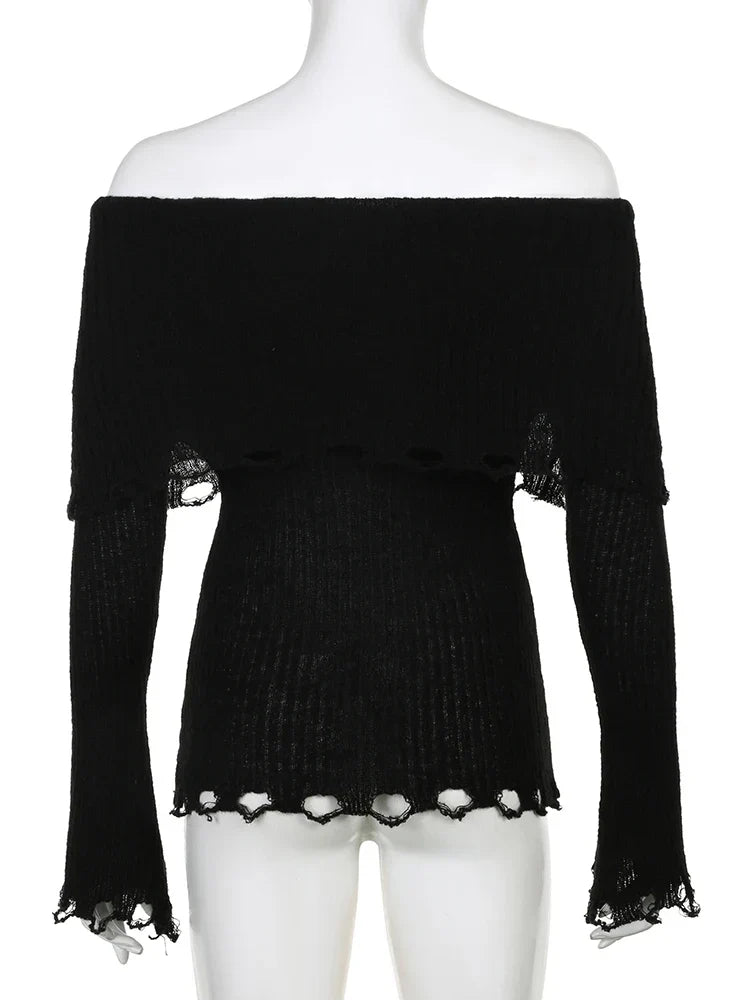 Voguable Grunge Fairycore Off Shoulders Ripped Sweaters Slash Neck Goth Jumper Tops Y2K Dark Academic Pullover