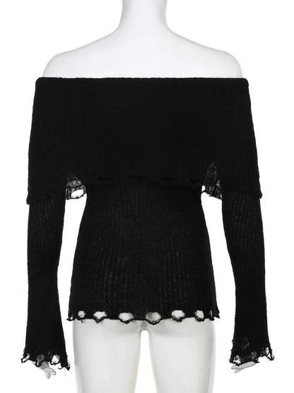 Voguable Grunge Fairycore Off Shoulders Ripped Sweaters Slash Neck Goth Jumper Tops Y2K Dark Academic Pullover