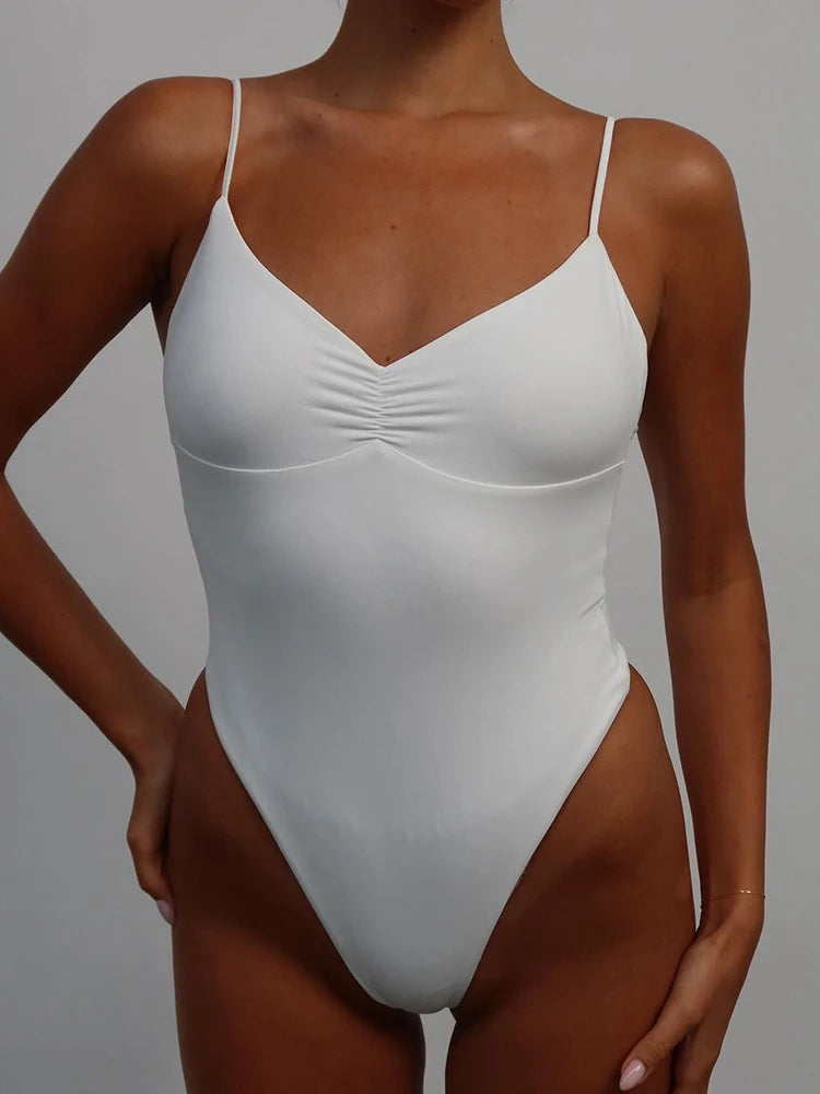 Backless Skinny Sexy Spaghetti Straps Bodysuits For Women Sleeveless Shirring V Neck Camisole Rave Baddie Bodys Shirts