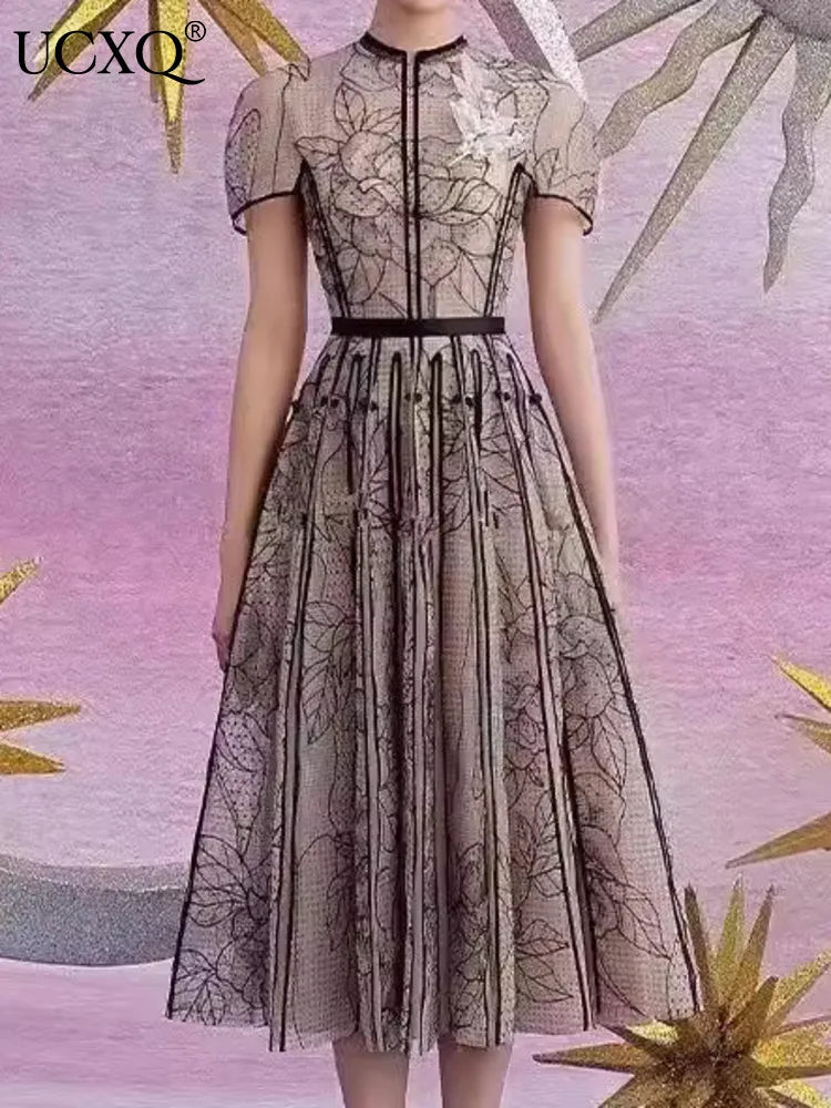 Vintage Party Dress Fashion O Neck Short Sleeve Lace Mesh Embroidery Elegant Long Dresses For Women 2025 Spring Summer 8980