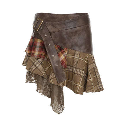 American Retro Asymmetrical Women¡¯s Mini Skirts Lace Stripes Plaid Leather Irregular Fashion Chic Design Short Dresses