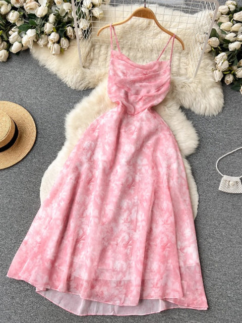 Women Pink Beach Dress Summer Sleeveless Hollow Out High Waist A-line Floral Printing Chiffon Dresses Ladies Casual Long Robe