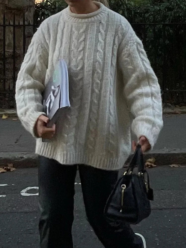 Casual Knitted Long Sleeve Sweaters Women Loose White Half High Neck Pullover Sweater Female Autumn Simple Chic High Street Tops