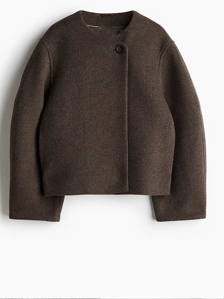 Chic One Button O-neck Woolen Coats For Women Fashion Long Sleeve Cropped Oversized Jackets Lady High Street Outerwear New