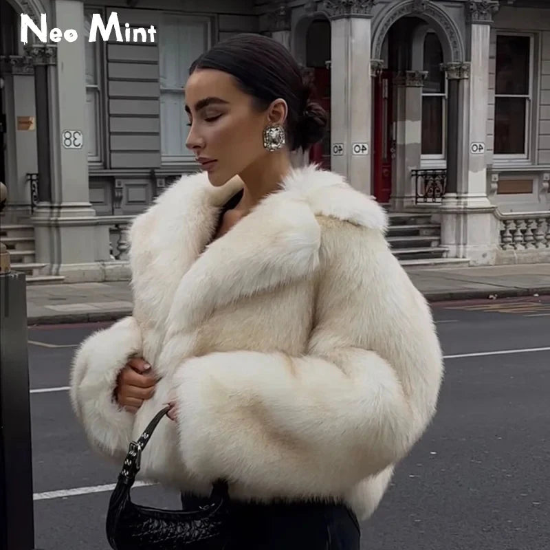 Luxury Brand Runway Fashion Yellow Gradient Cropped Fluffy Fur Jacket Coat Women Winter Thicken Faux Fox Fur Outerwear
