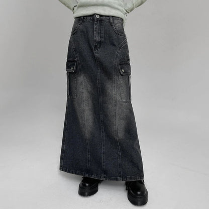 Voguable Vintage Pocket Split Washed Denim Maxi Skirt High Waist Y2K Streetwear Long Skirts Harajuku Korean Fairy Grunge