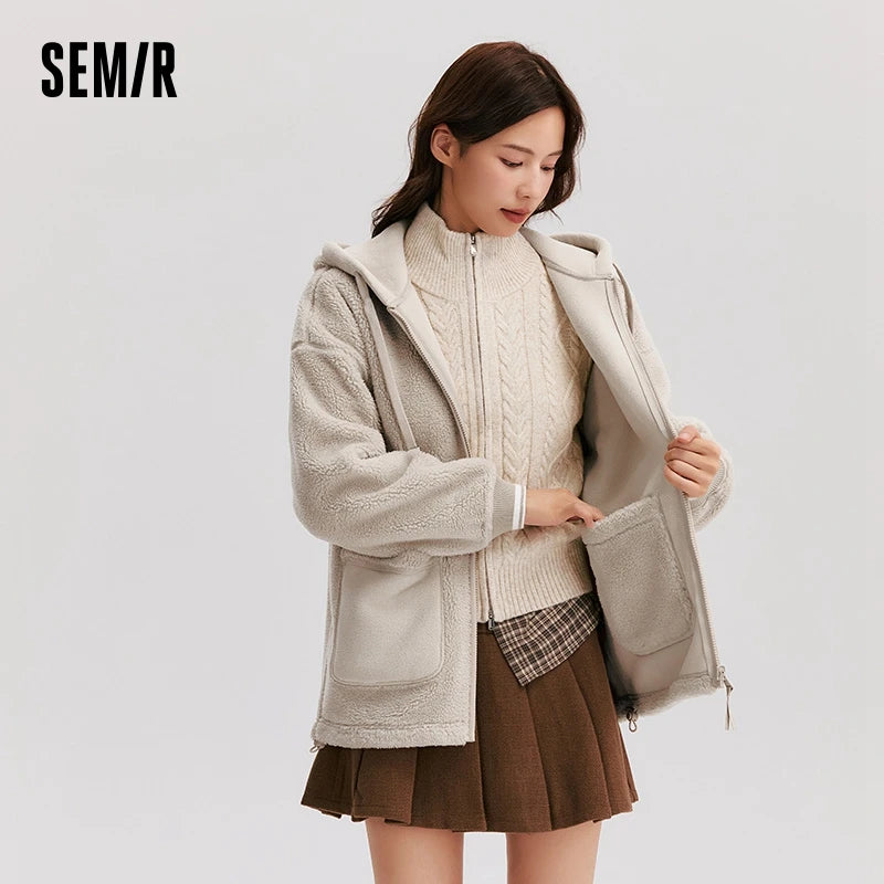 Coat Women Imitation Lamb Wool Polar Fleece Double-Sided Wear Loose  New Winter Contrast Color Simple Hooded Jacket