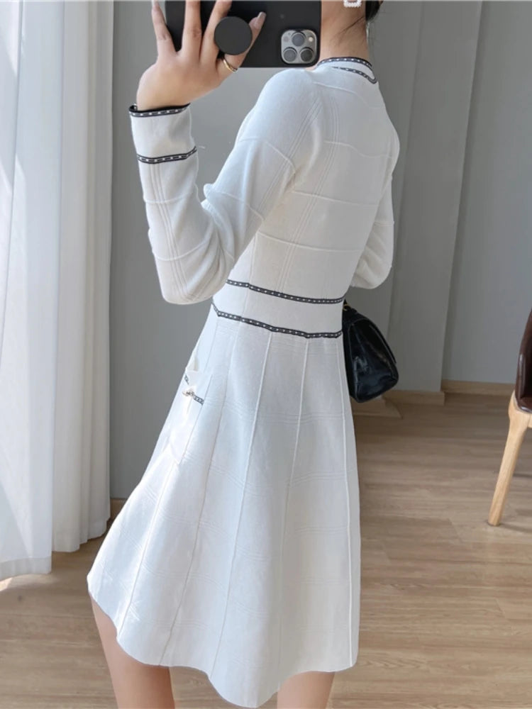 Spring Vintage Party Dresses Women Elegant Slim Knitted Midi Dress A-line Lady Korean Fashion Autumn Vestidos Mujer