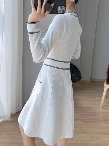 Spring Vintage Party Dresses Women Elegant Slim Knitted Midi Dress A-line Lady Korean Fashion Autumn Vestidos Mujer