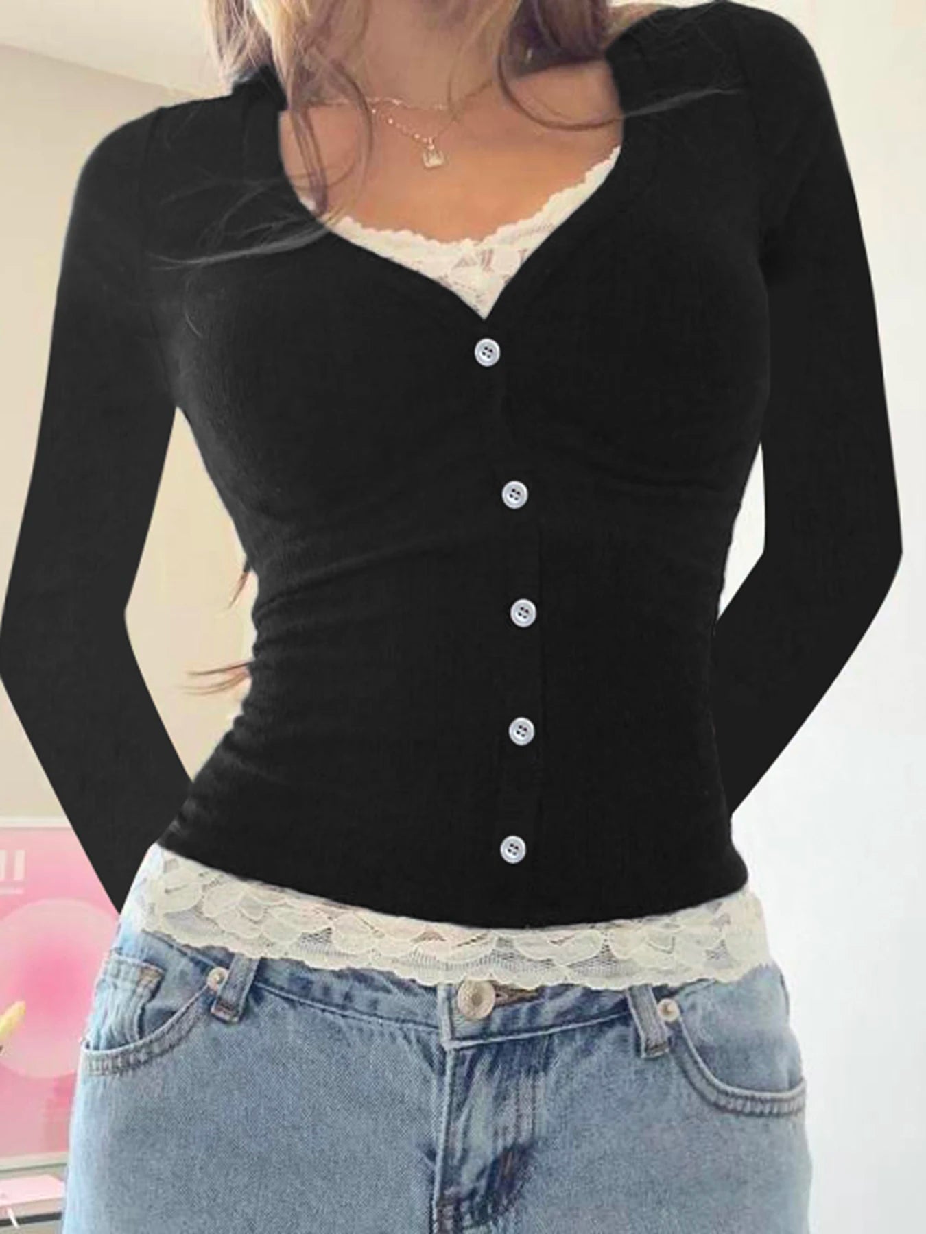 Contrast Lace Patchwork Cute Y2K Slim Long Sleeve Black T-Shirts Women Button Up V Neck Basic Spring Autumn Tee