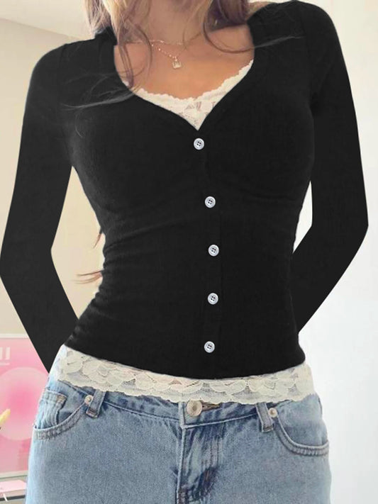 Contrast Lace Patchwork Cute Y2K Slim Long Sleeve Black T-Shirts Women Button Up V Neck Basic Spring Autumn Tee