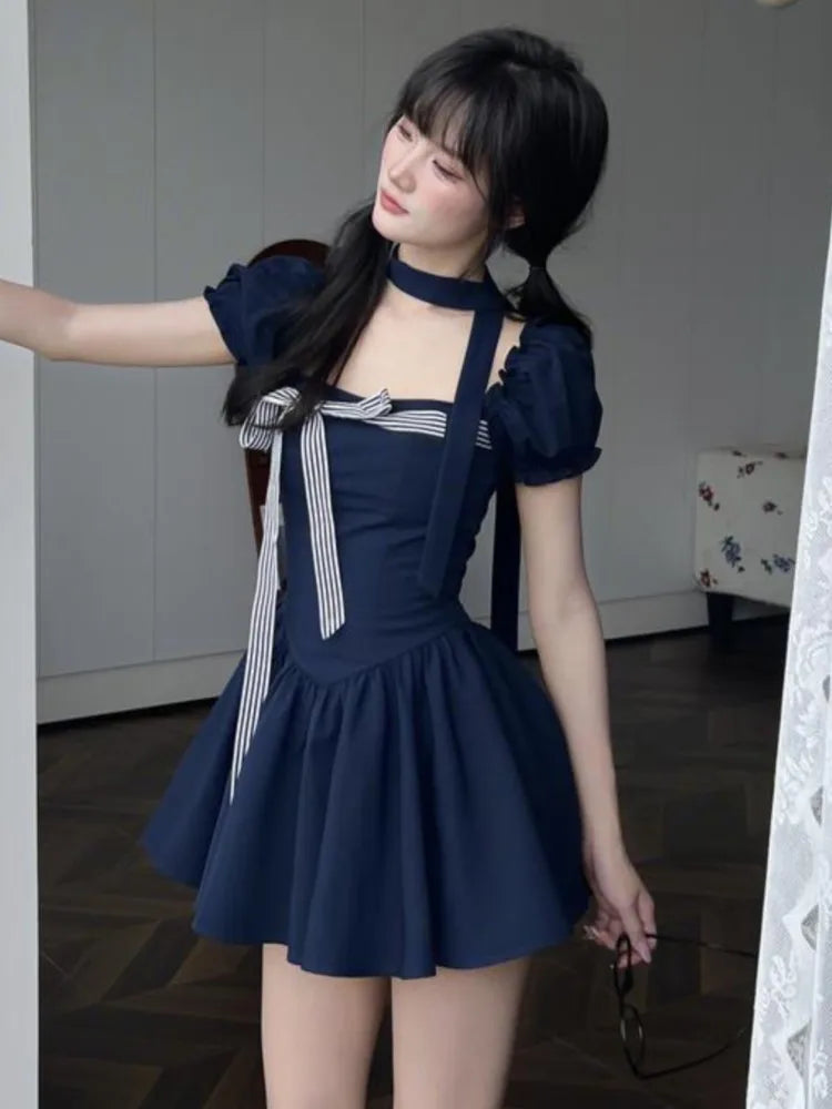 Y2K Short Dresses for Women Square Collar Puff Sleeve Ruffles A-line Solid Summer Korean Fashion Sweet One Piece Vestido Mujer