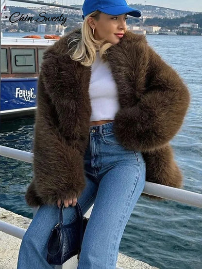 Luxury Brown Faux Fur Coats Women Fashion Full Sleeve Lapel Long Warm Jacket  Winter Fluffy Thick High Street Outerwear New