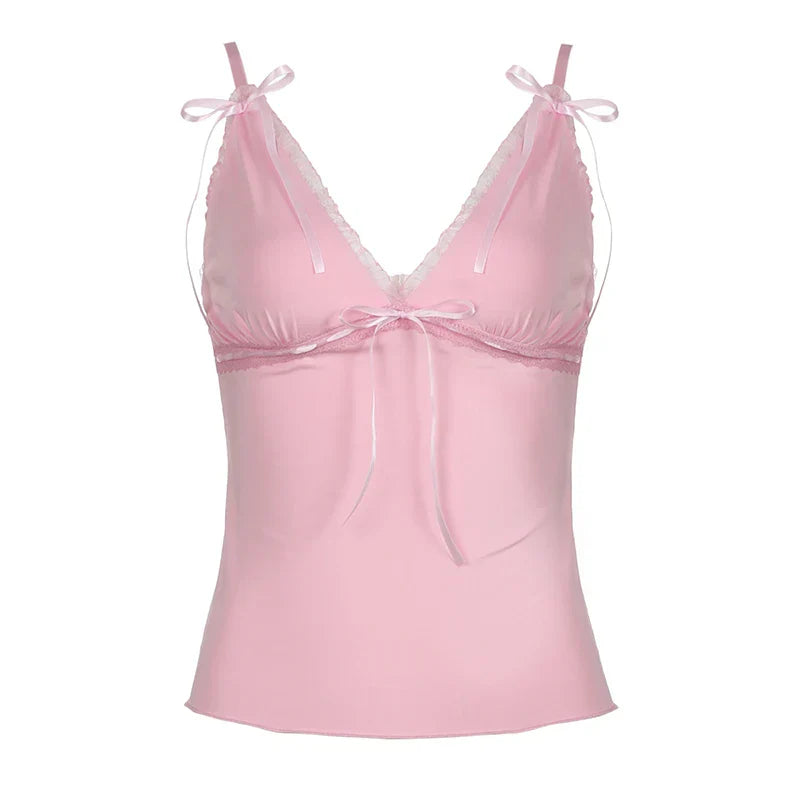 Voguable  Y2K Ribbons Bow Lace Patchwork Crop Top Pink Coquette Aesthetic Slim-fit V-neck Camis Ruched Kawaii Lolita Corset Women